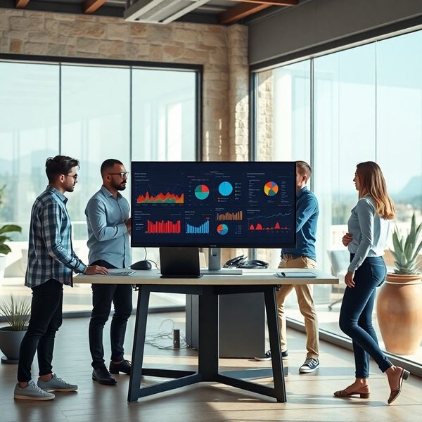 Tim Novi Grupe u modernom uredu ispred velikog monitora s analitičkim dashboardima